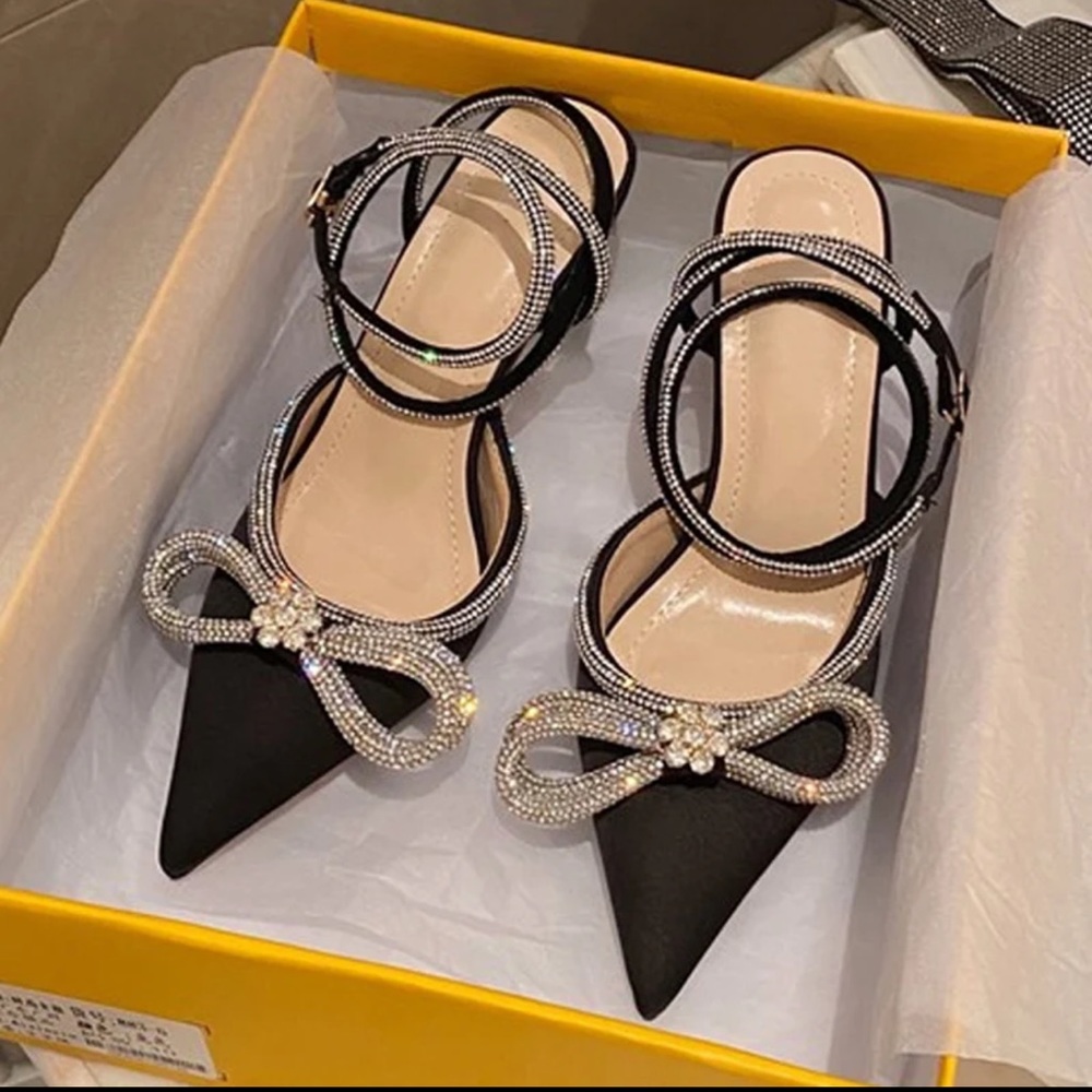Black sparkly bow tie heels